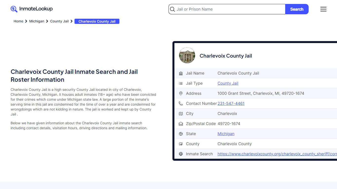 Charlevoix County Jail Inmate Search and Jail Roster Information